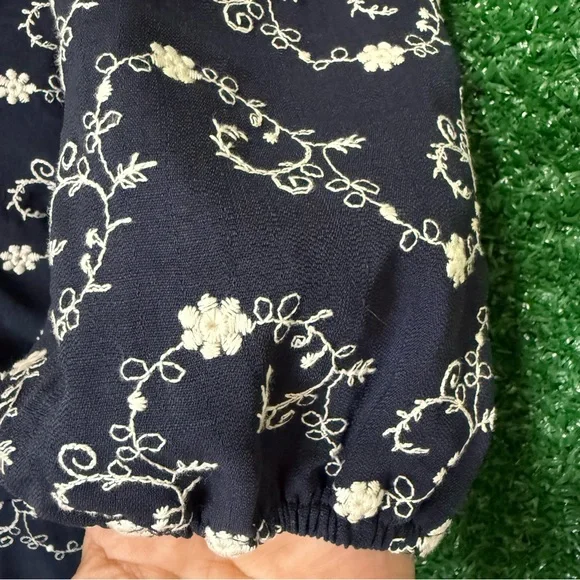 Francesca's Collection Gena Tie Back Embroidered Navy Puff Sleeve Mini Dress - Picture 6 of 16